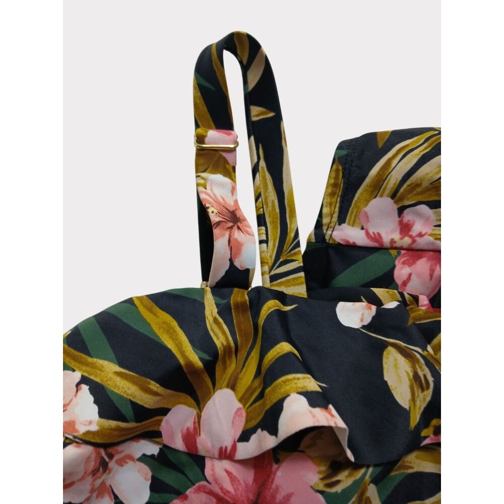 Kona Sol 16W Black Green Pink Floral Ruffle Front One Piece Swimsuit 16W Plus - Picture 9 of 13